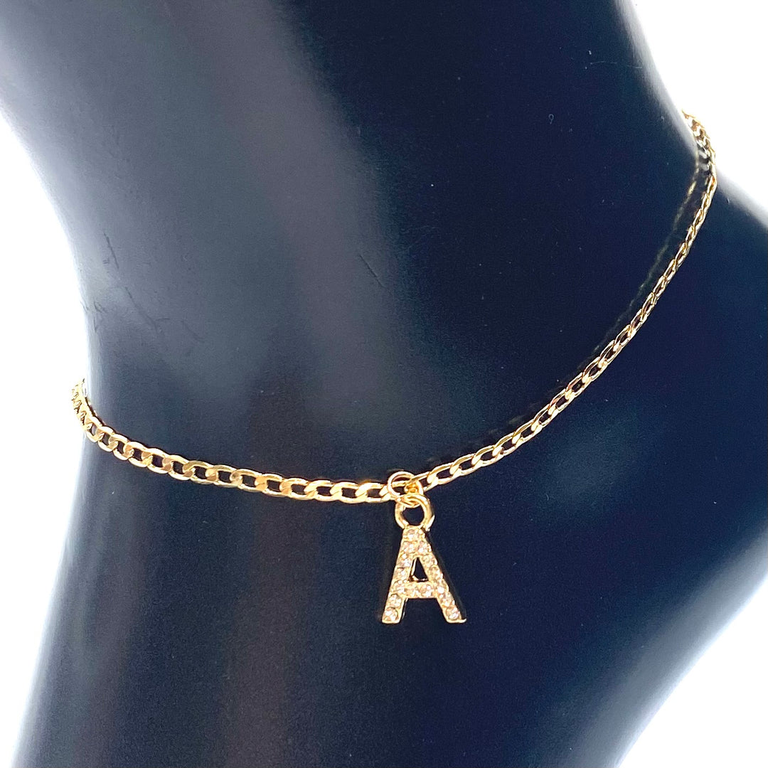 Anklet Charm Initial Letter Rhinestone Gold