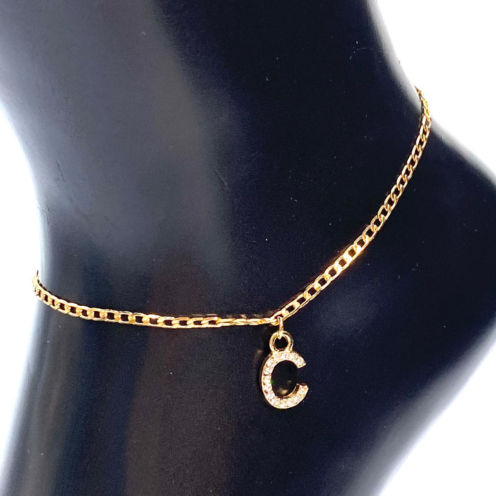 Anklet Charm Initial Letter Rhinestone Gold