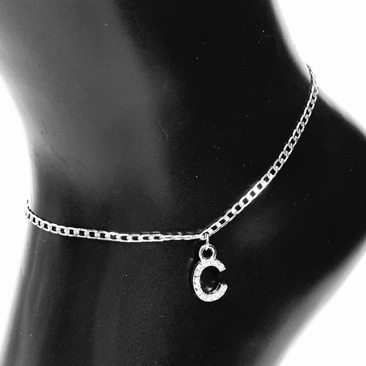 Anklet Charm Initial Letter Rhinestone Silver