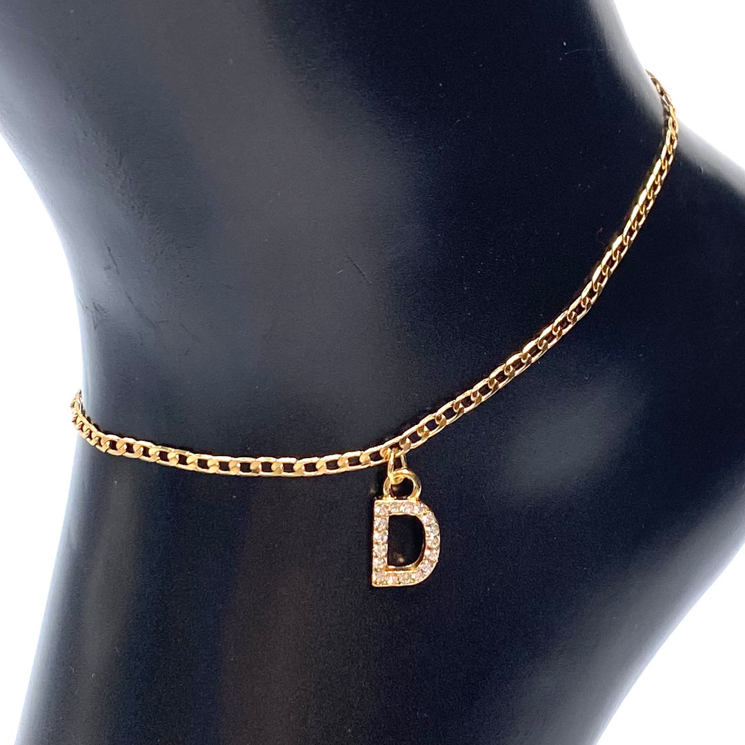 Anklet Charm Initial Letter Rhinestone Gold