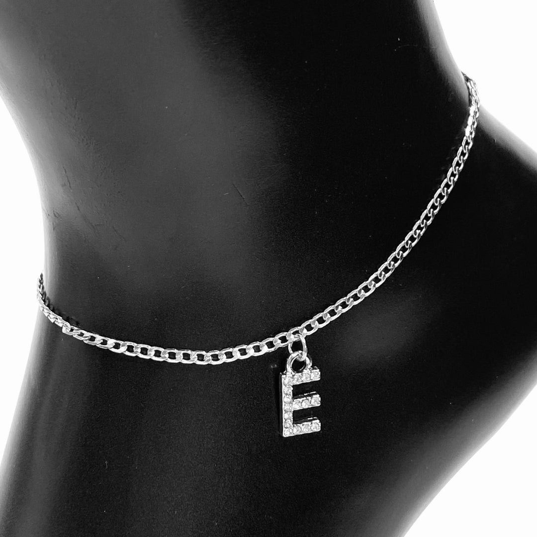 Anklet Charm Initial Letter Rhinestone Silver