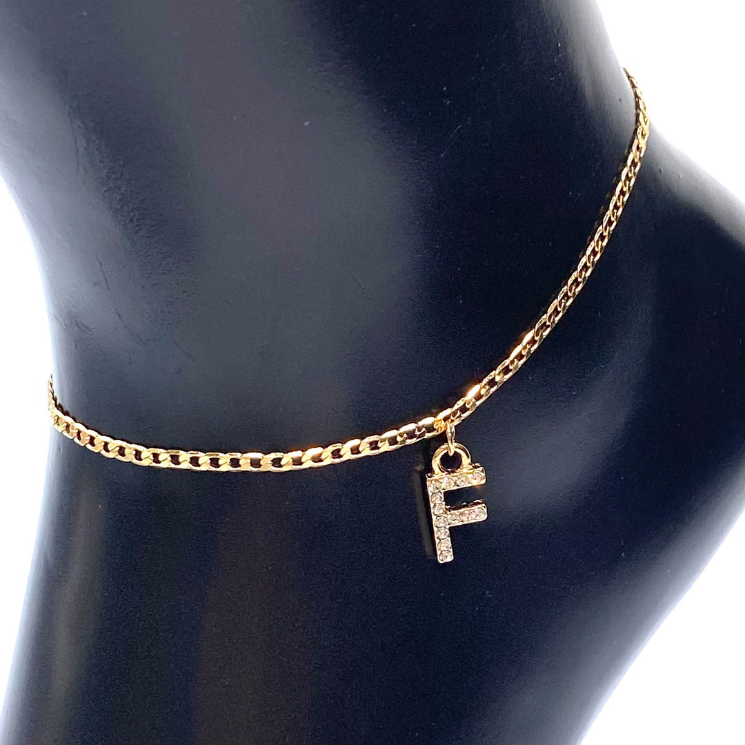 Anklet Charm Initial Letter Rhinestone Gold