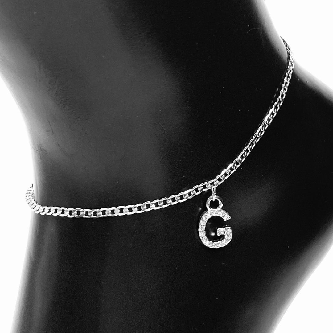 Anklet Charm Initial Letter Rhinestone Silver