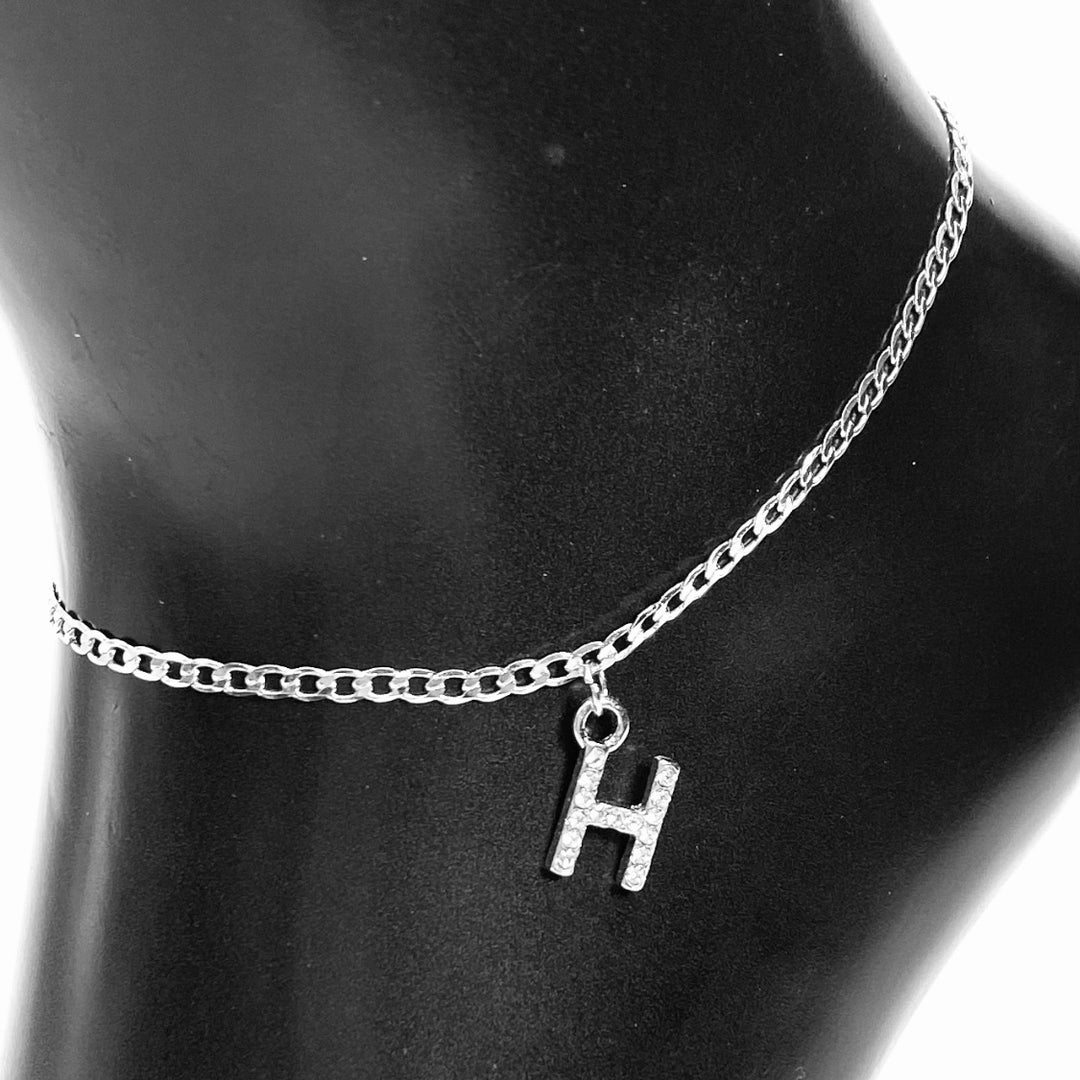 Anklet Charm Initial Letter Rhinestone Silver