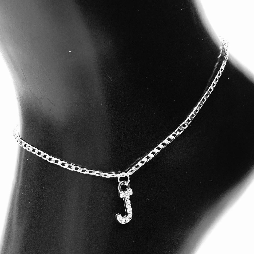 Anklet Charm Initial Letter Rhinestone Silver