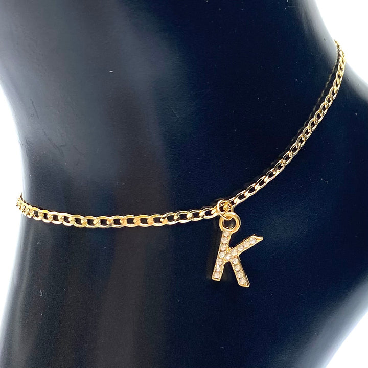 Anklet Charm Initial Letter Rhinestone Gold