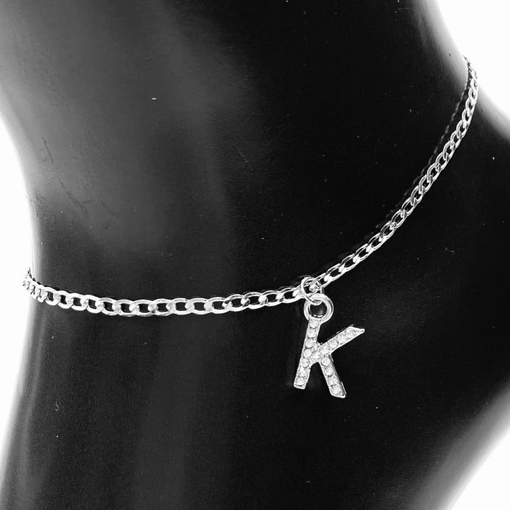 Anklet Charm Initial Letter Rhinestone Silver