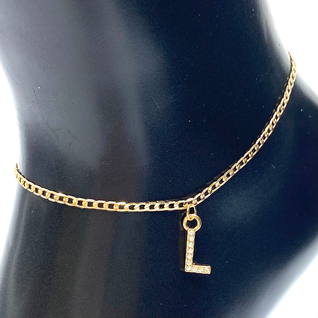 Anklet Charm Initial Letter Rhinestone Gold