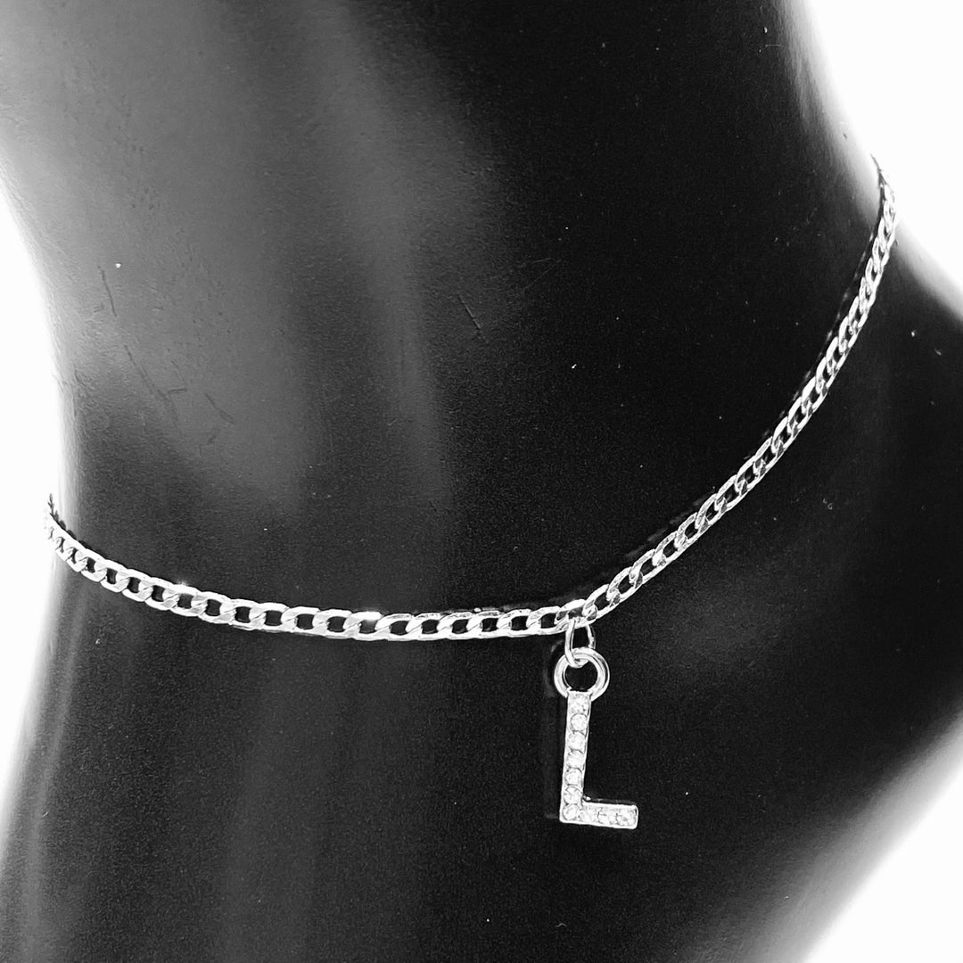 Anklet Charm Initial Letter Rhinestone Silver