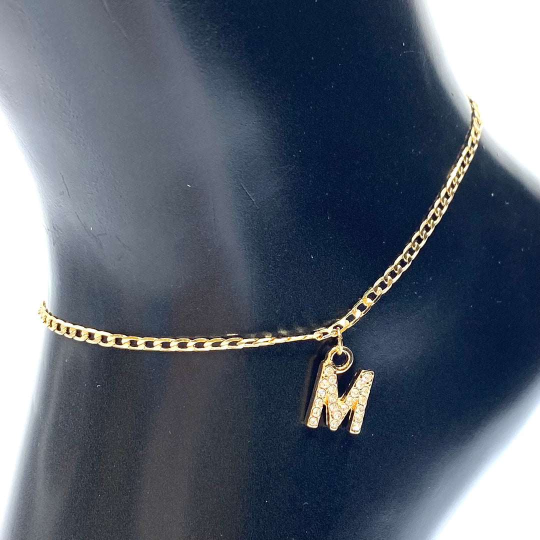 Anklet Charm Initial Letter Rhinestone Gold