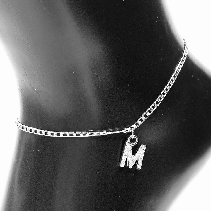 Anklet Charm Initial Letter Rhinestone Silver