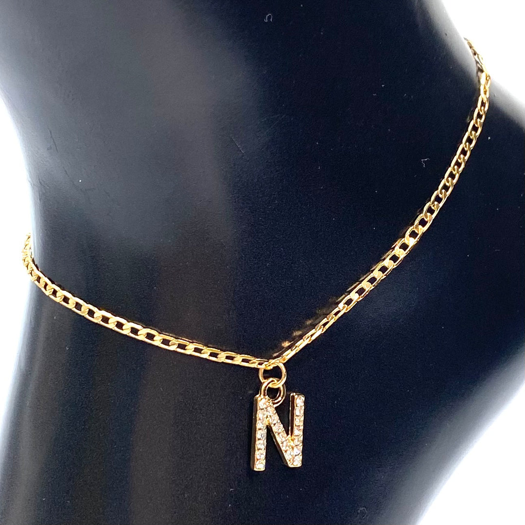 Anklet Charm Initial Letter Rhinestone Gold