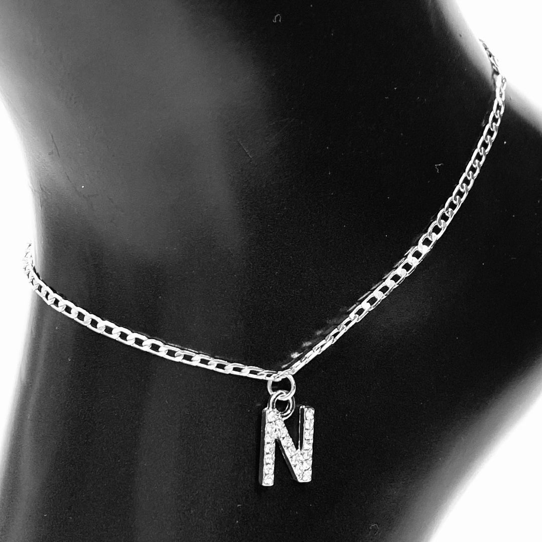 Anklet Charm Initial Letter Rhinestone Silver