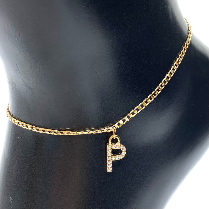 Anklet Charm Initial Letter Rhinestone Gold