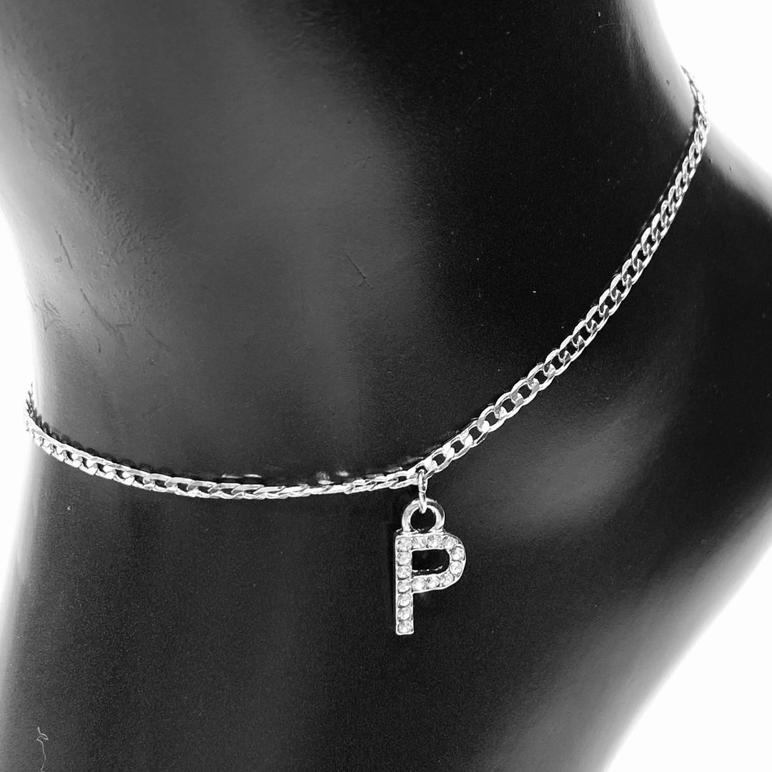 Anklet Charm Initial Letter Rhinestone Silver