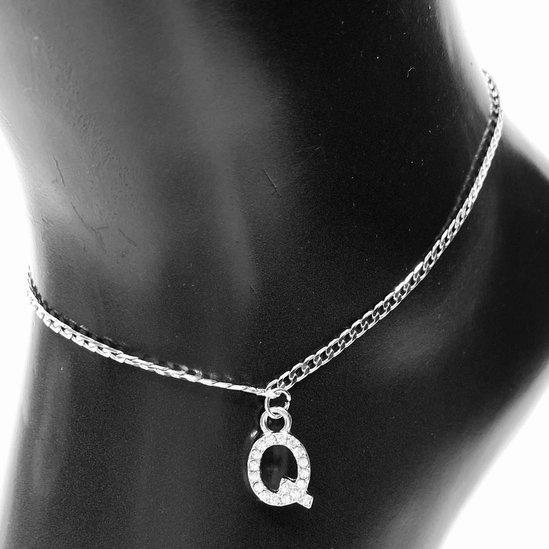 Anklet Charm Initial Letter Rhinestone Silver