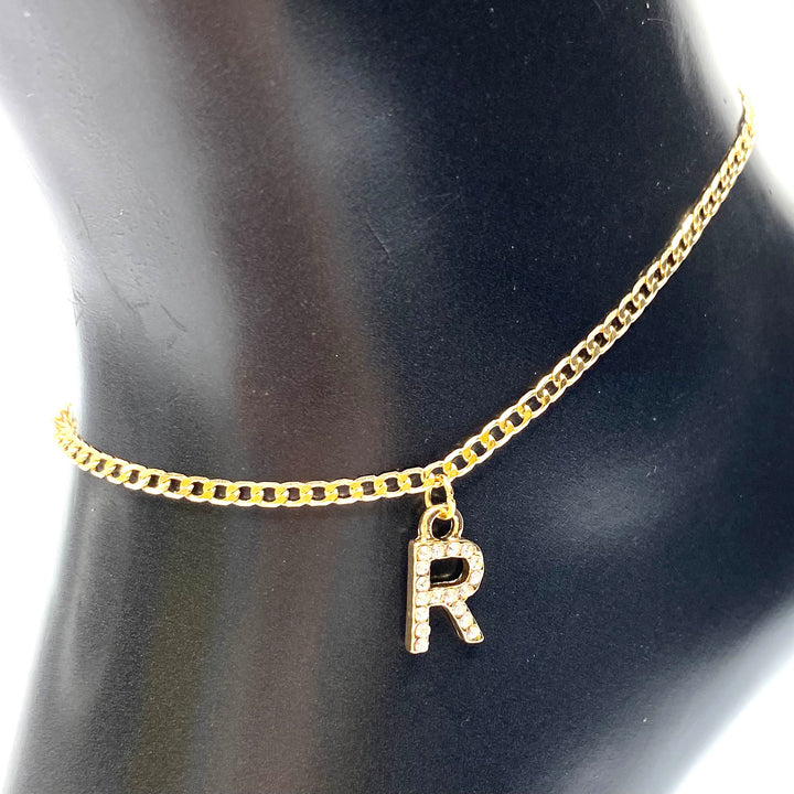 Anklet Charm Initial Letter Rhinestone Gold