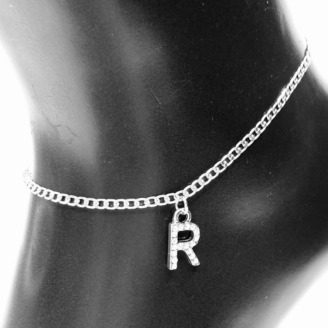 Anklet Charm Initial Letter Rhinestone Silver