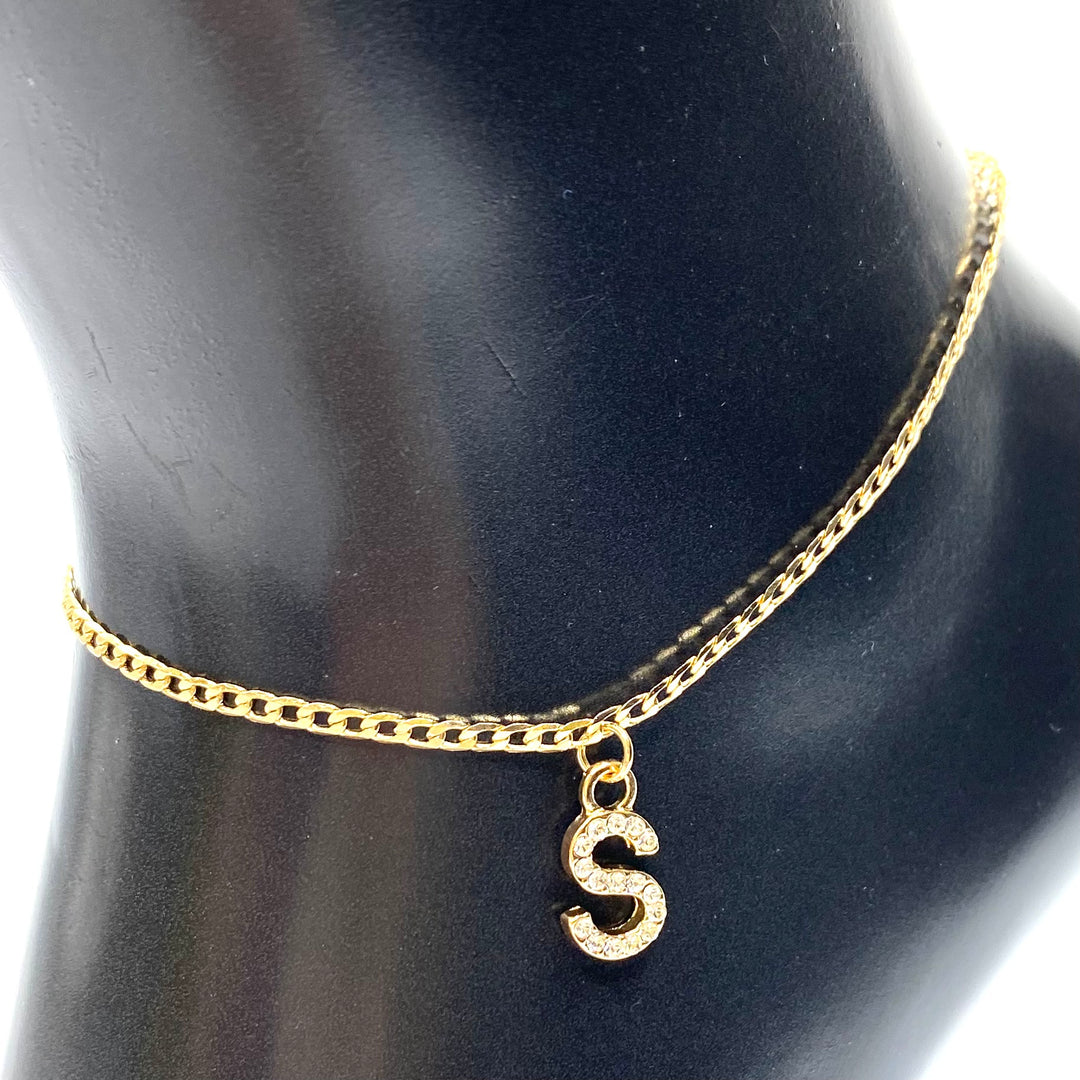 Anklet Charm Initial Letter Rhinestone Gold