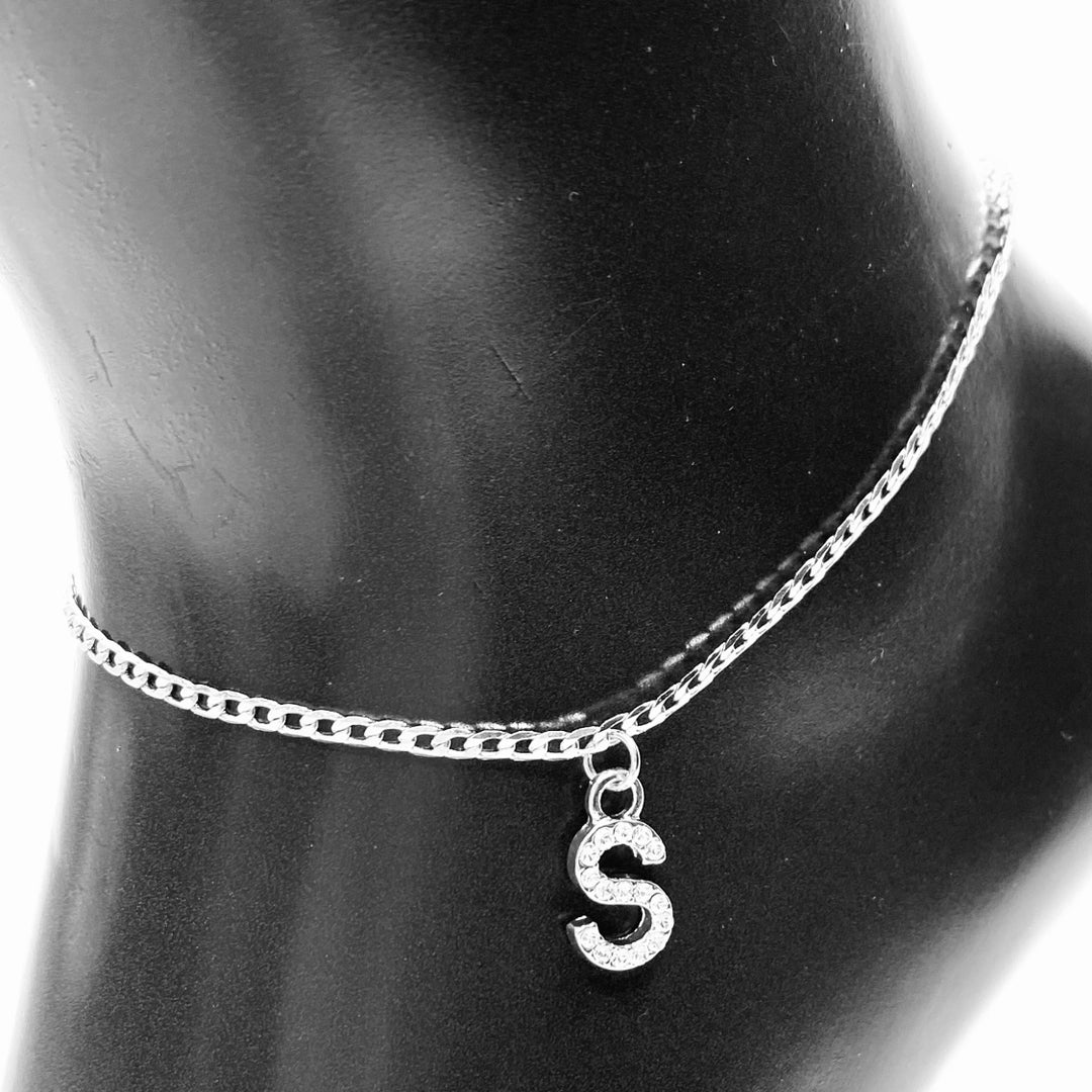 Anklet Charm Initial Letter Rhinestone Silver