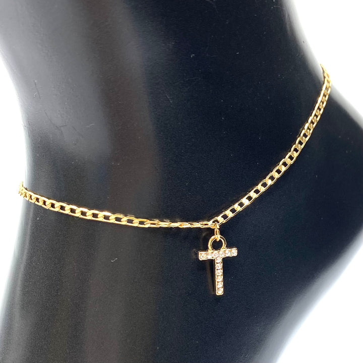 Anklet Charm Initial Letter Rhinestone Gold