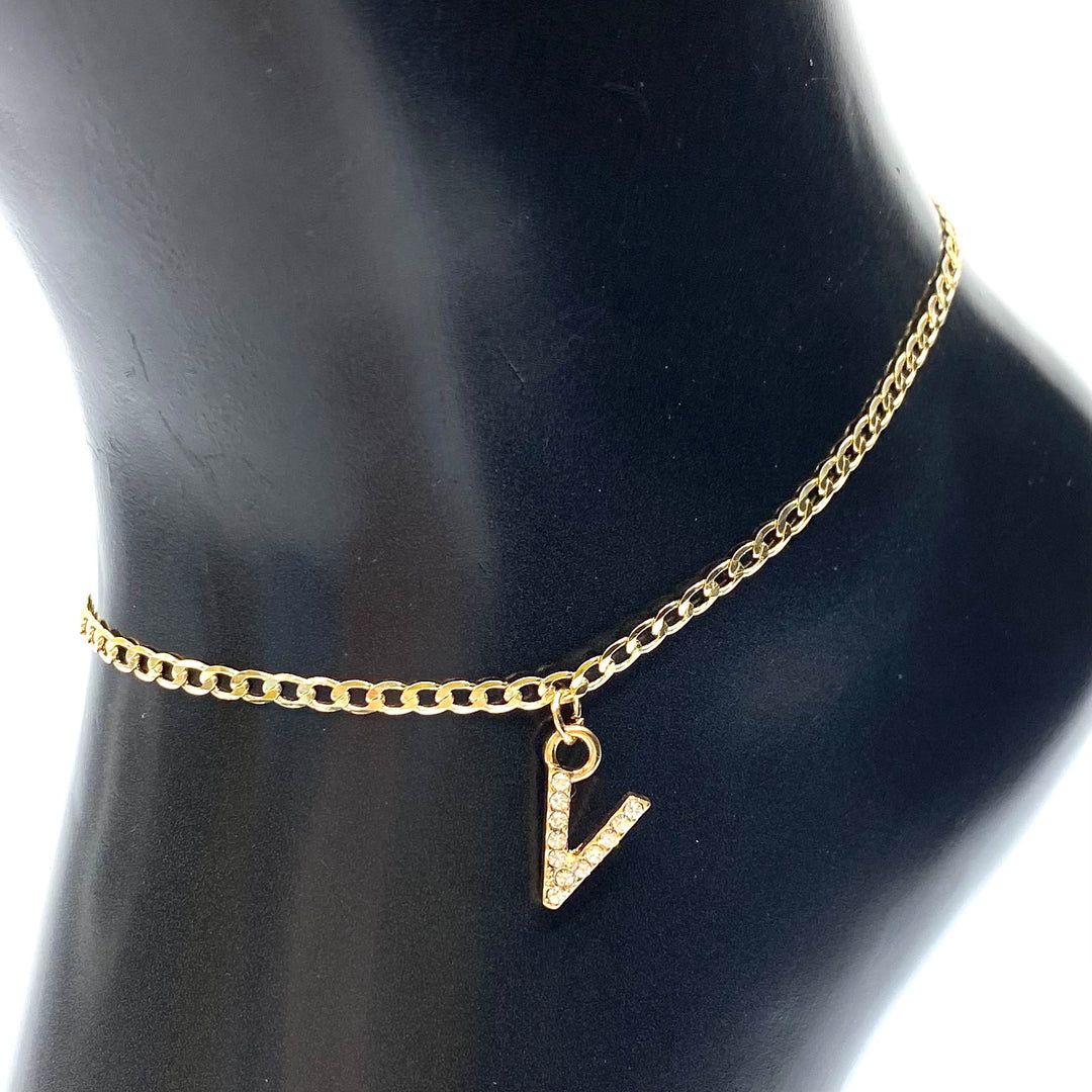 Anklet Charm Initial Letter Rhinestone Gold