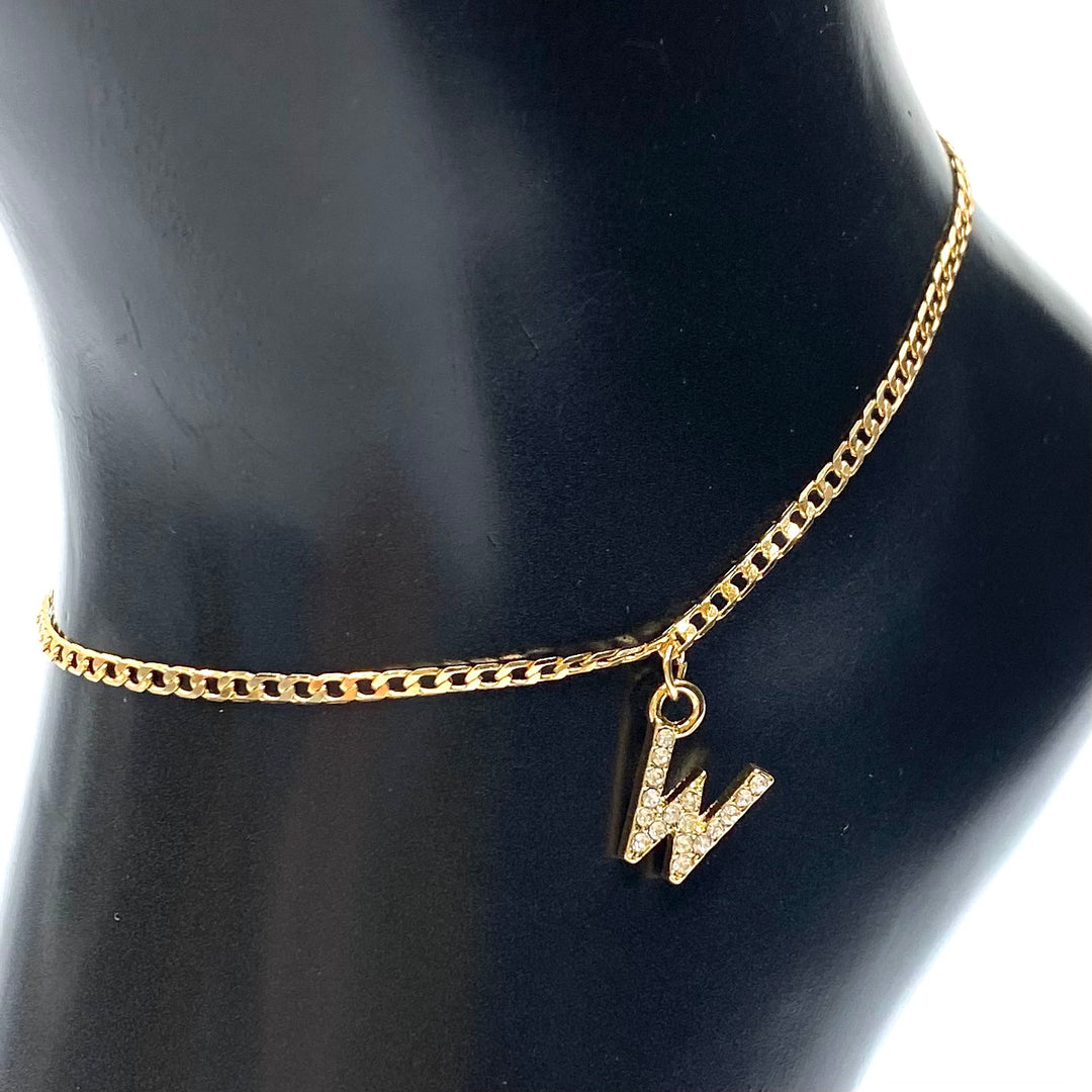 Anklet Charm Initial Letter Rhinestone Gold