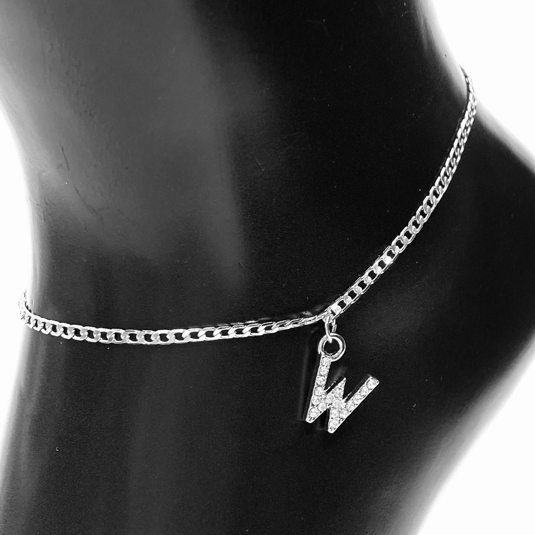 Anklet Charm Initial Letter Rhinestone Silver