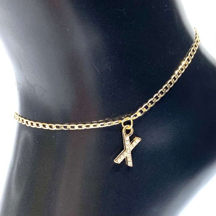 Anklet Charm Initial Letter Rhinestone Gold