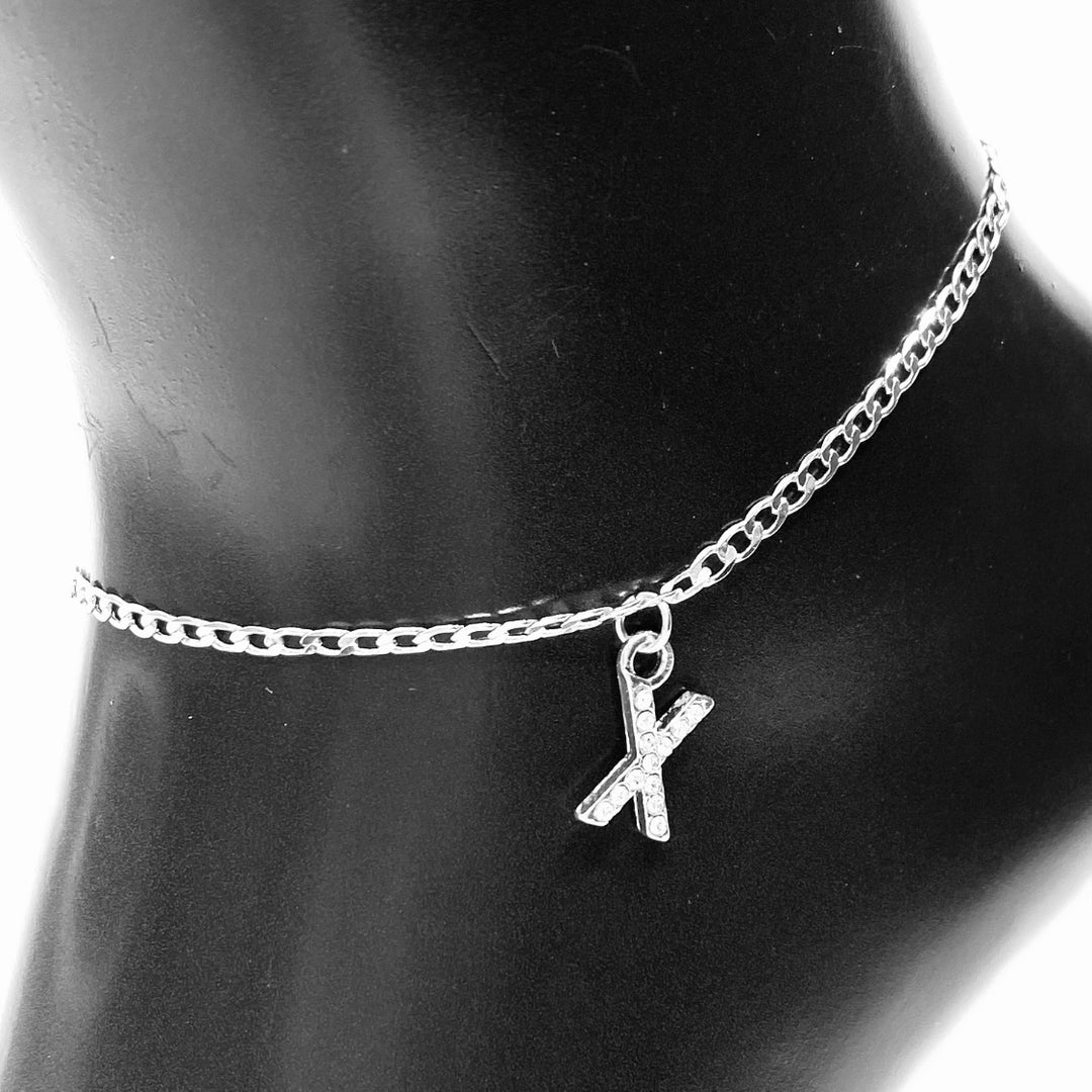 Anklet Charm Initial Letter Rhinestone Silver