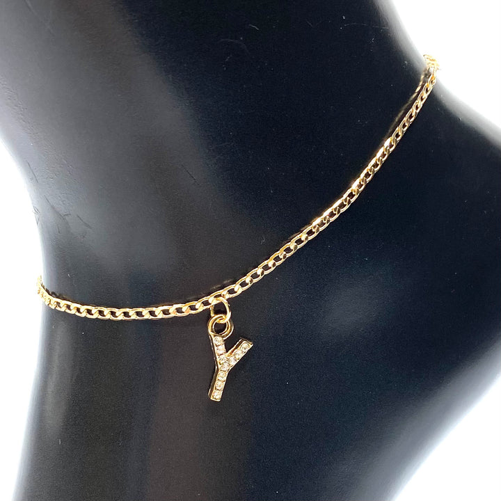 Anklet Charm Initial Letter Rhinestone Gold