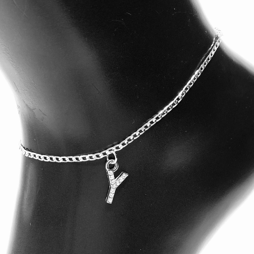 Anklet Charm Initial Letter Rhinestone Silver