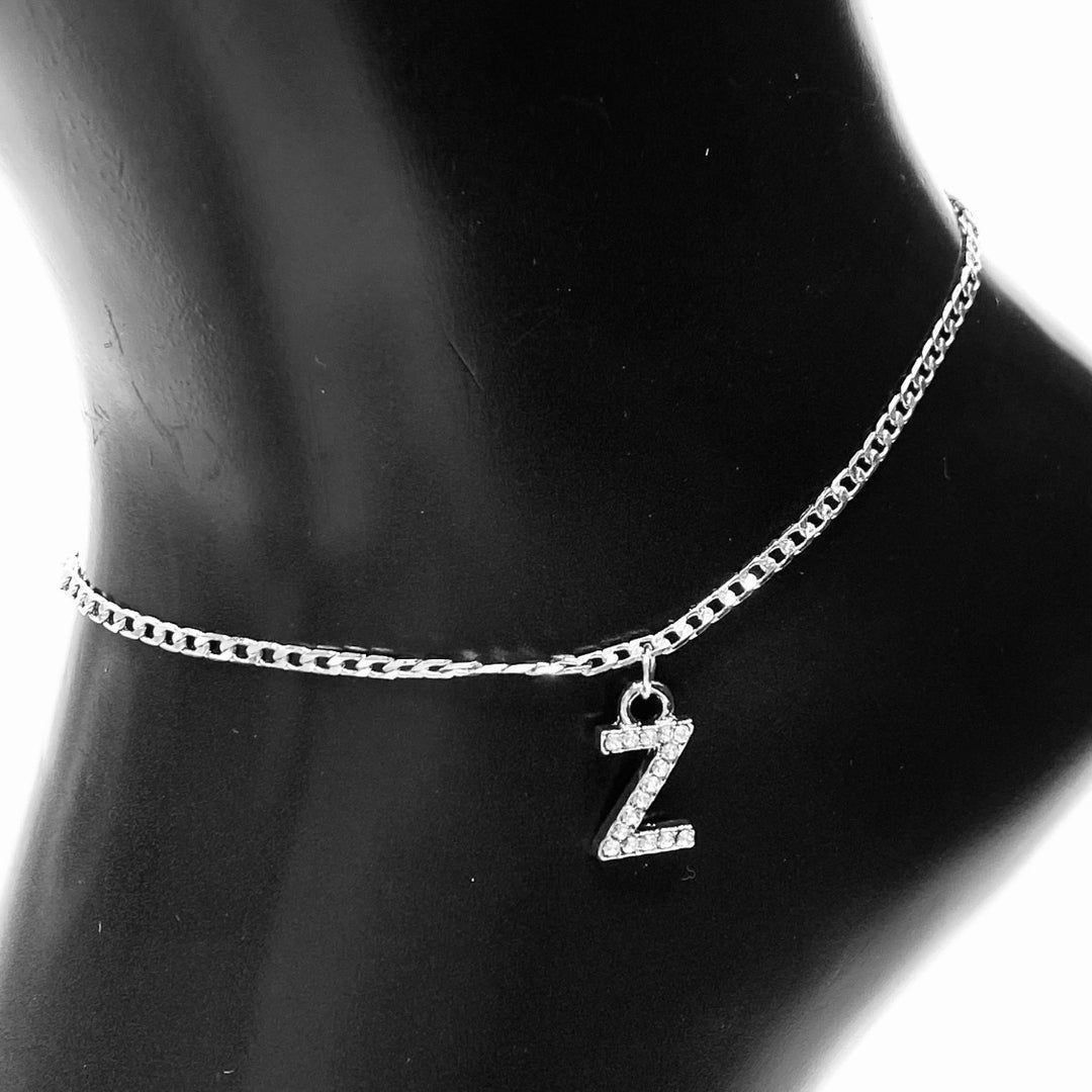 Anklet Charm Initial Letter Rhinestone Silver