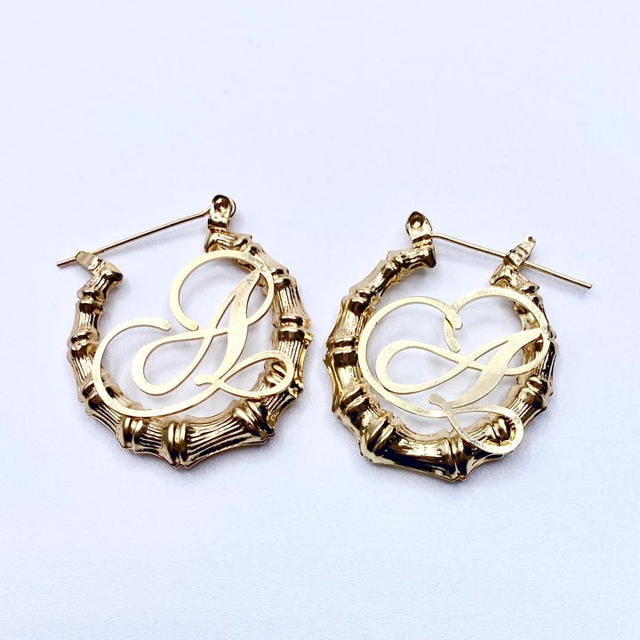 Earring Hoop Bamboo Initial Small Gold