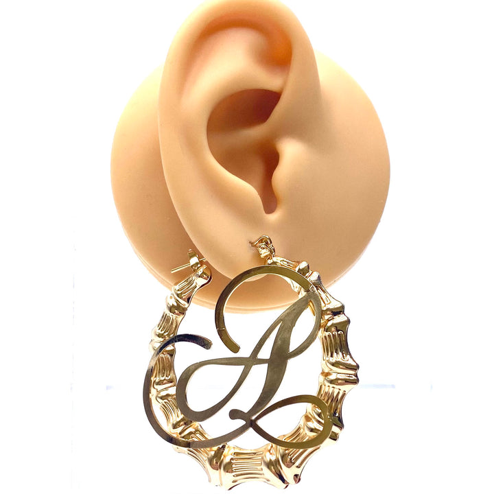 Earring Hoop Bamboo Initial Medium Gold