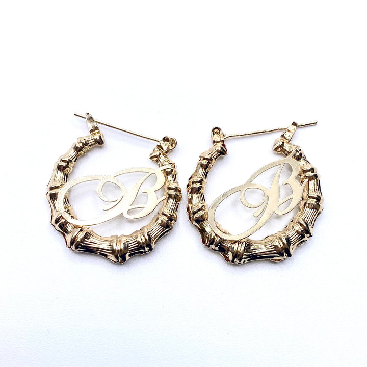 Earring Hoop Bamboo Initial Small Gold