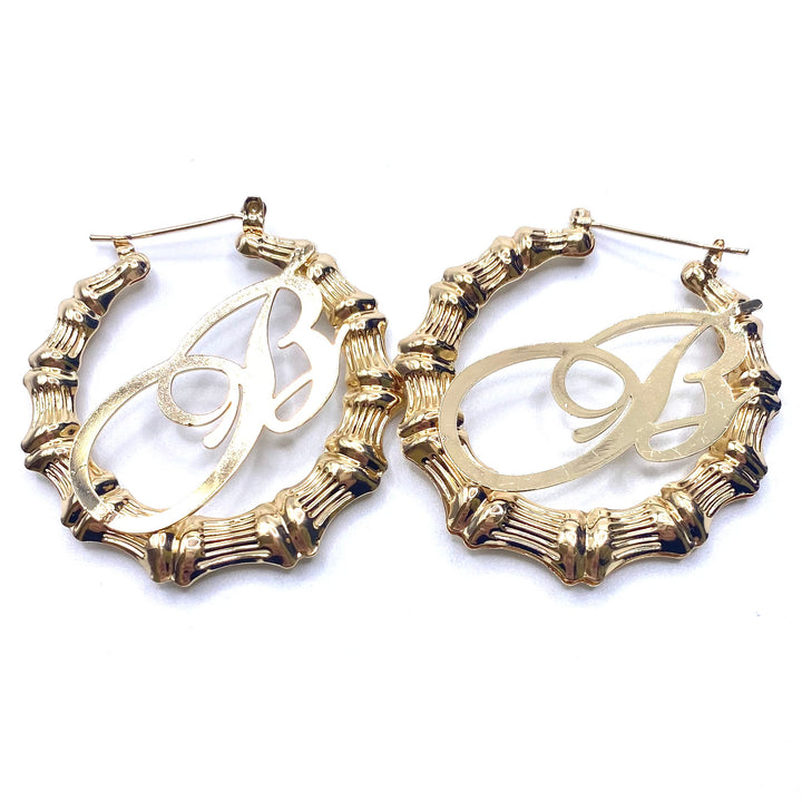 Earring Hoop Bamboo Initial Medium Gold