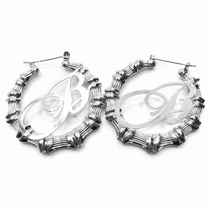 Earring Hoop Bamboo Initial Medium Silver