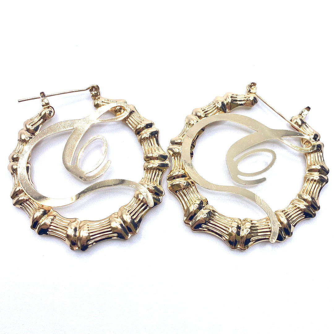 Earring Hoop Bamboo Initial Medium Gold