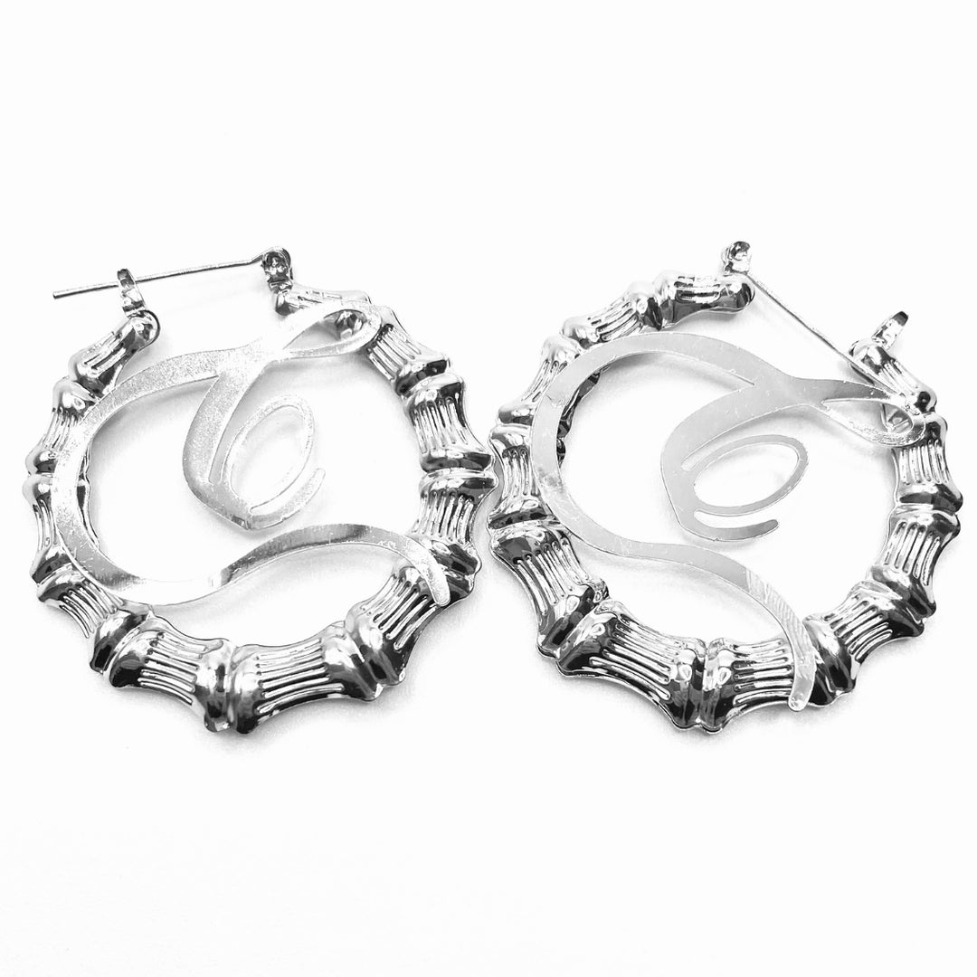 Earring Hoop Bamboo Initial Medium Silver