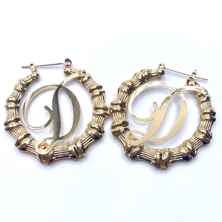 Earring Hoop Bamboo Initial Medium Gold