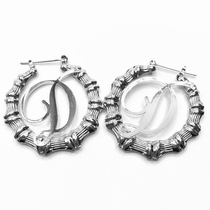 Earring Hoop Bamboo Initial Medium Silver