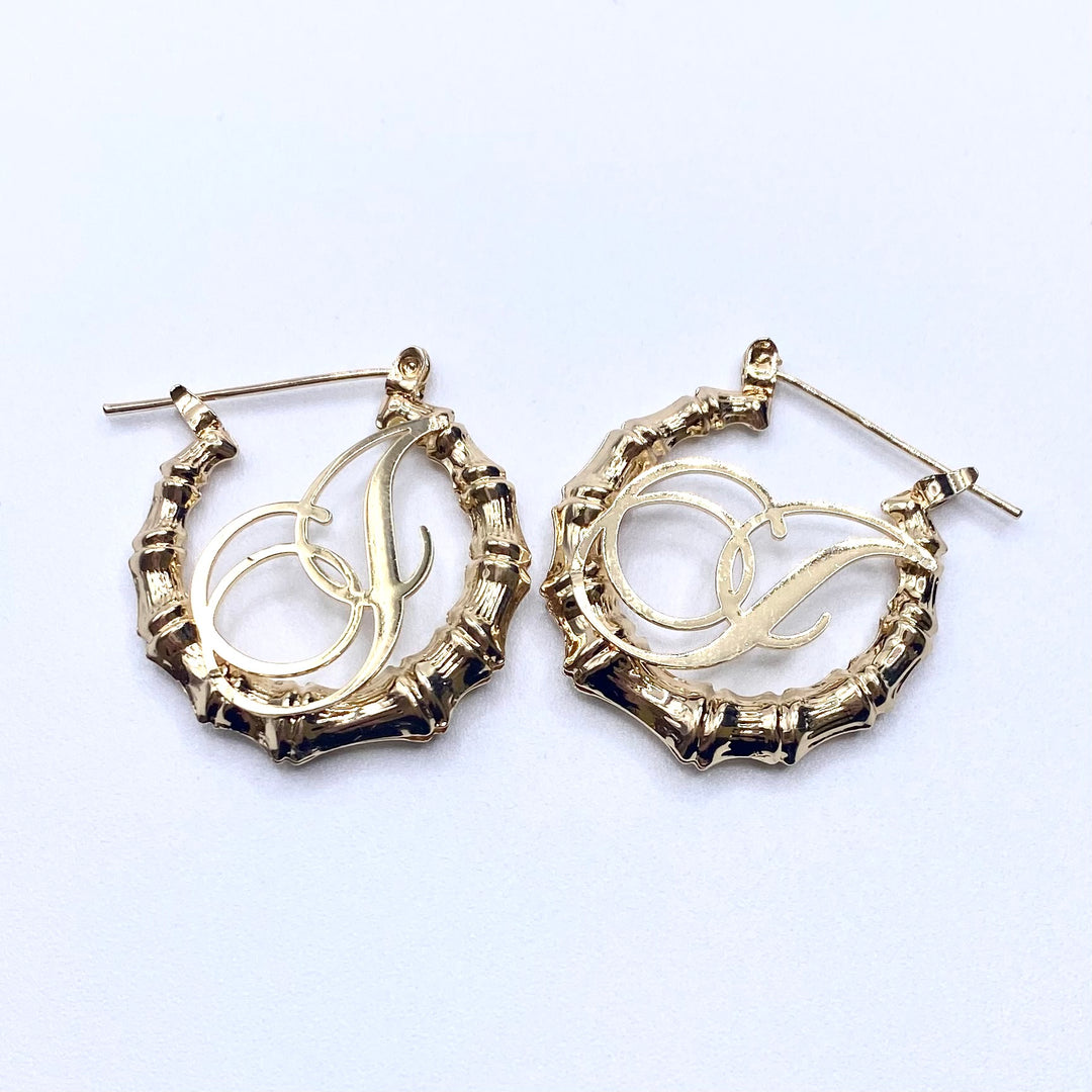 Earring Hoop Bamboo Initial Small Gold