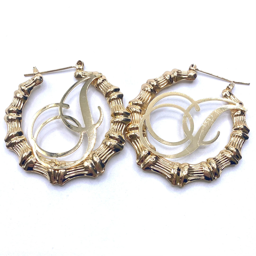 Earring Hoop Bamboo Initial Medium Gold