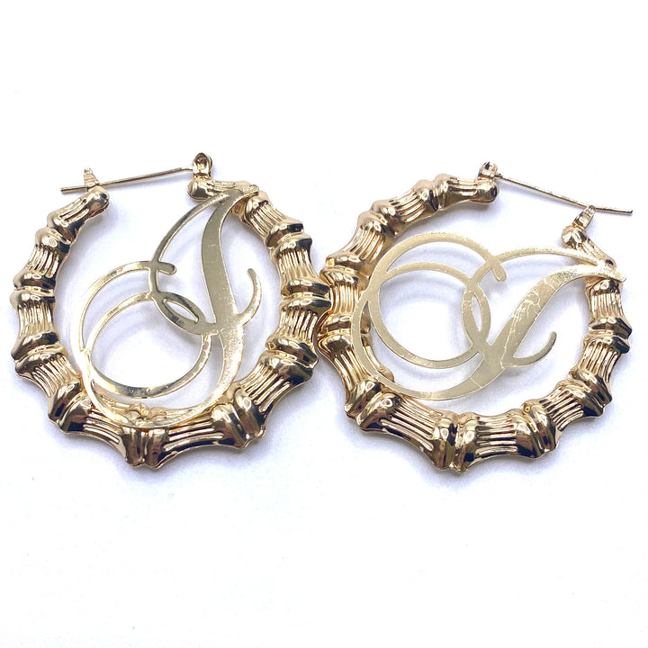 Earring Hoop Bamboo Initial Medium Gold