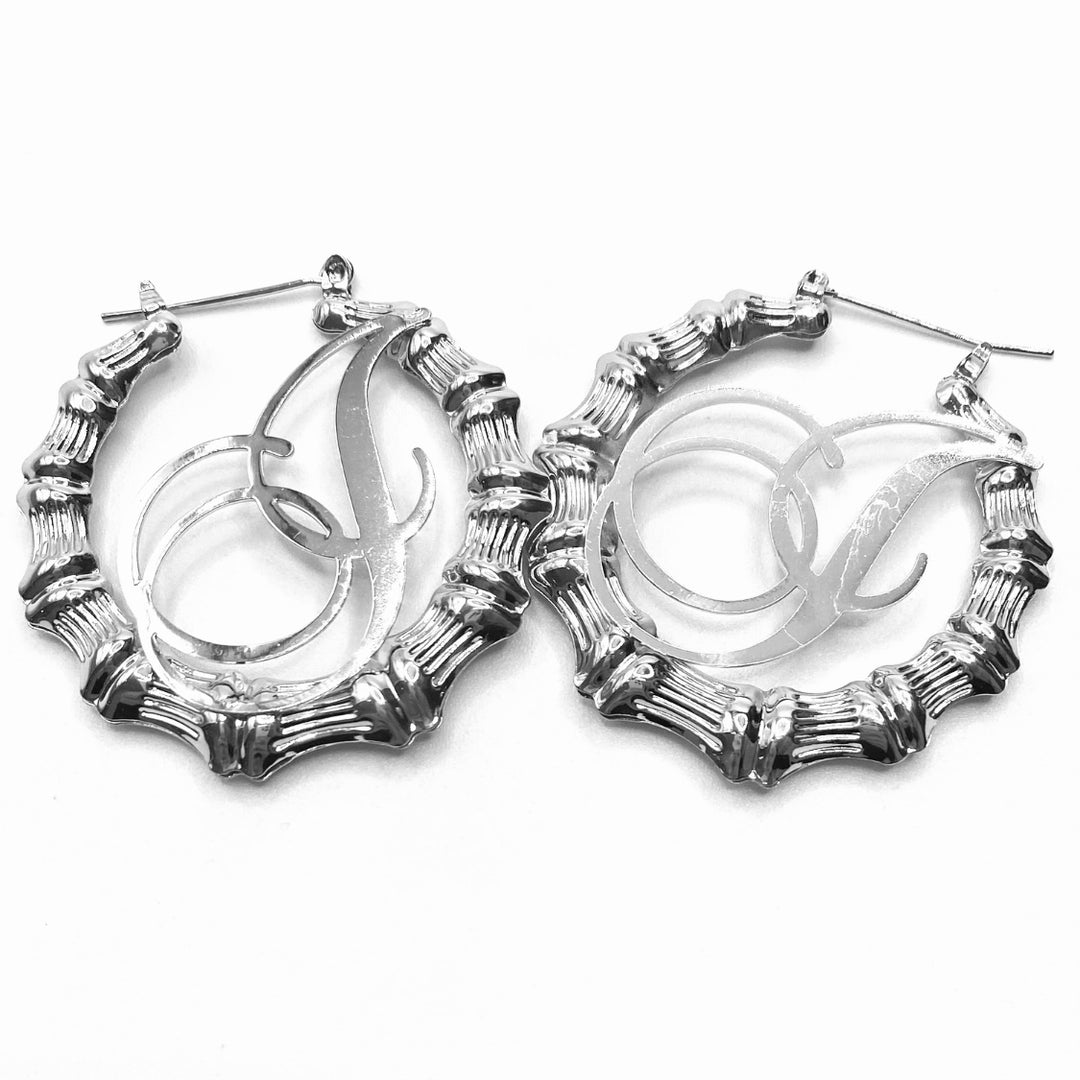 Earring Hoop Bamboo Initial Medium Silver