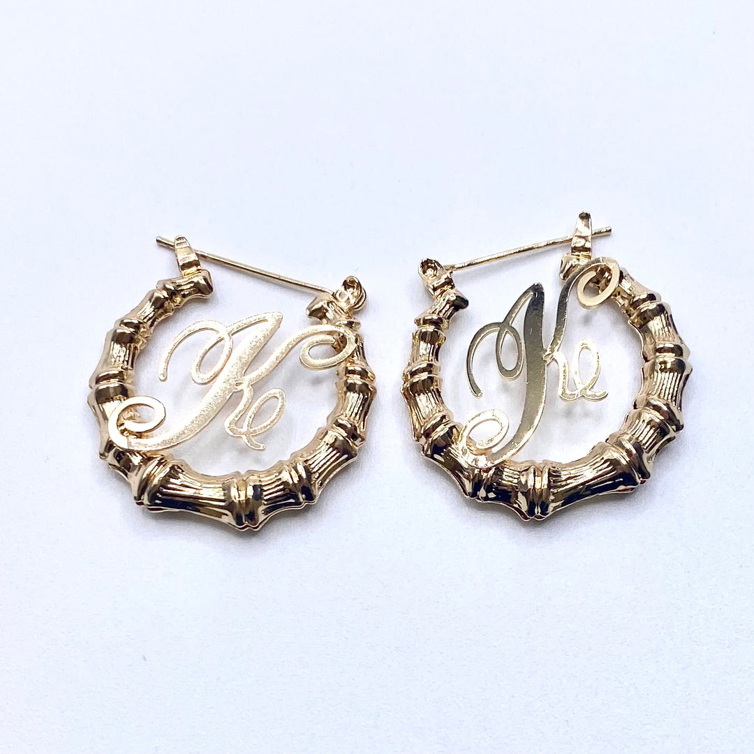 Earring Hoop Bamboo Initial Small Gold