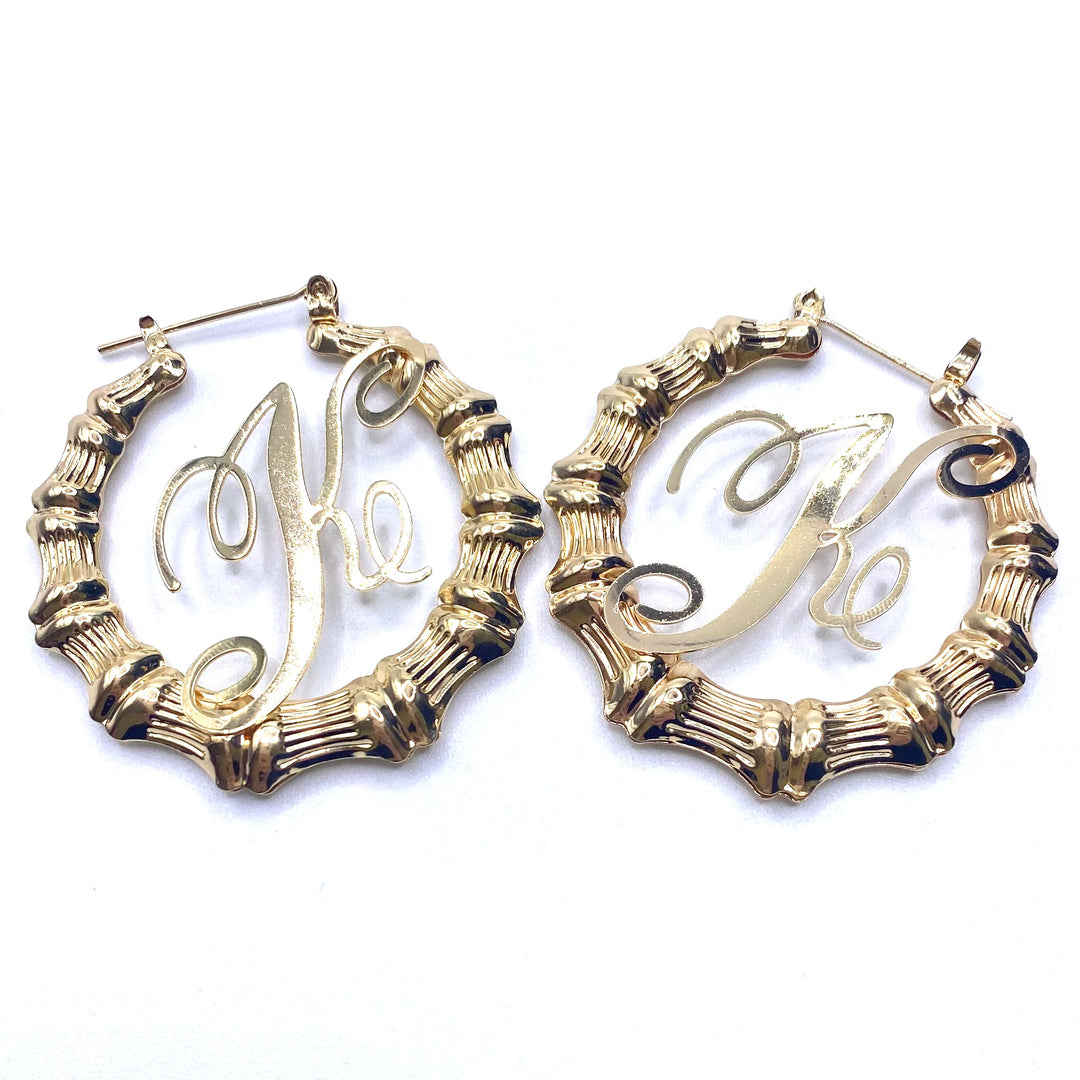 Earring Hoop Bamboo Initial Medium Gold