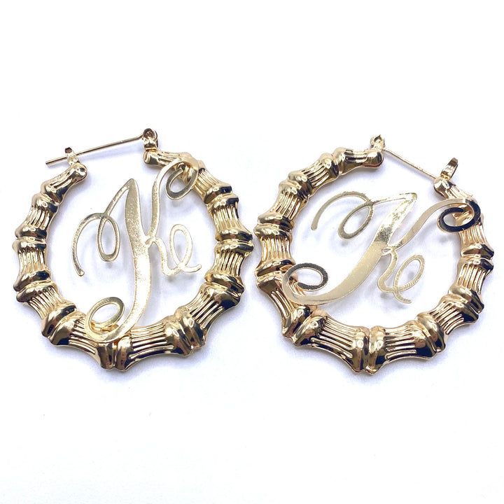 Earring Hoop Bamboo Initial Medium Gold