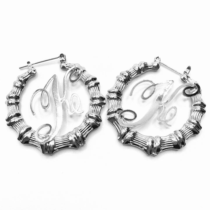 Earring Hoop Bamboo Initial Medium Silver